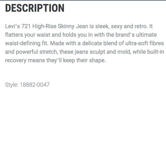 Levi's 721 Zip Fly HighRise Skinny Jean in BLUE STORY 26w/Measurements - Picture 4 of 12